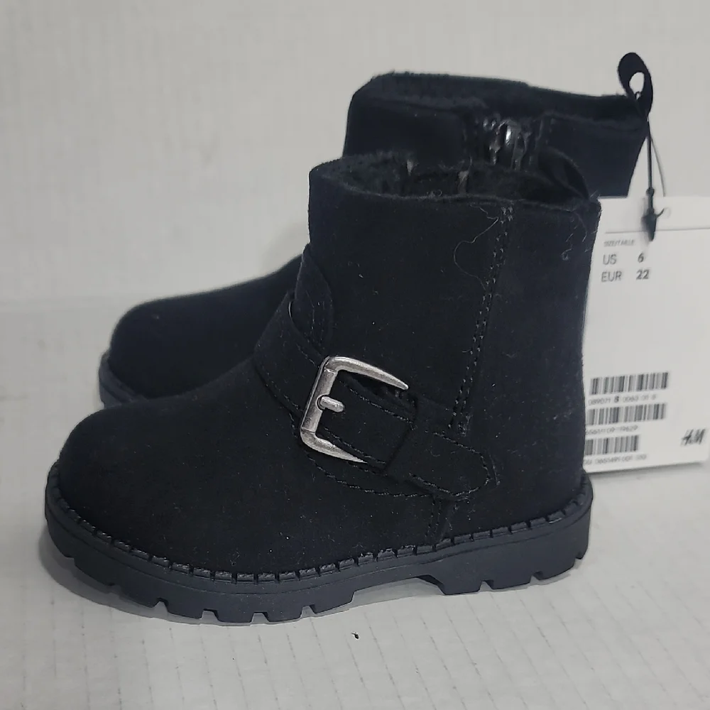 H&M Girls Suede Black Ankle Boots with Silver Buckle